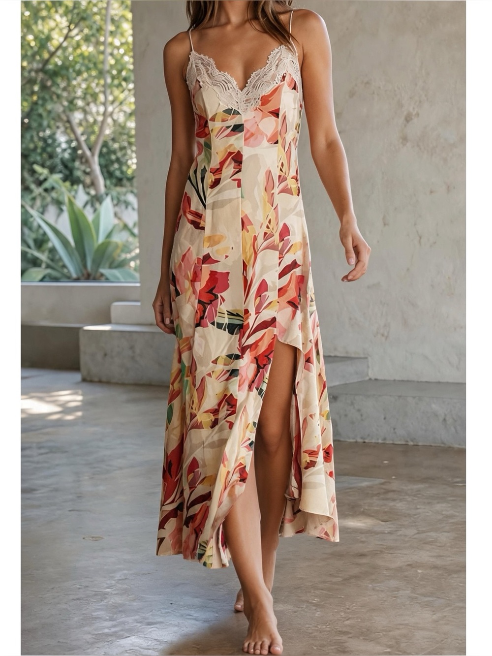 HUTCH Baldwin Sleeveless Lace-Trim V-Neck Slip Maxi Dress, Orange Pattern, XS